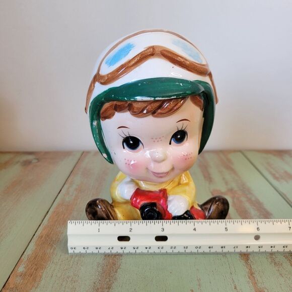 Vintage Freckled Little Boy with Helmet, Goggles, & Red Car Planter - 1960's - Picture 13 of 16